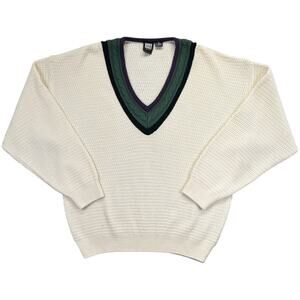 Vtg 90s Jed Wear Chunky Knit V‑Neck Sweater Men’s XL Cream Waffle Stripe
